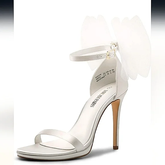 Like New Dream Pairs White Satin Stiletto Dress Sandals with Detachable Bow - Picture 14 of 15